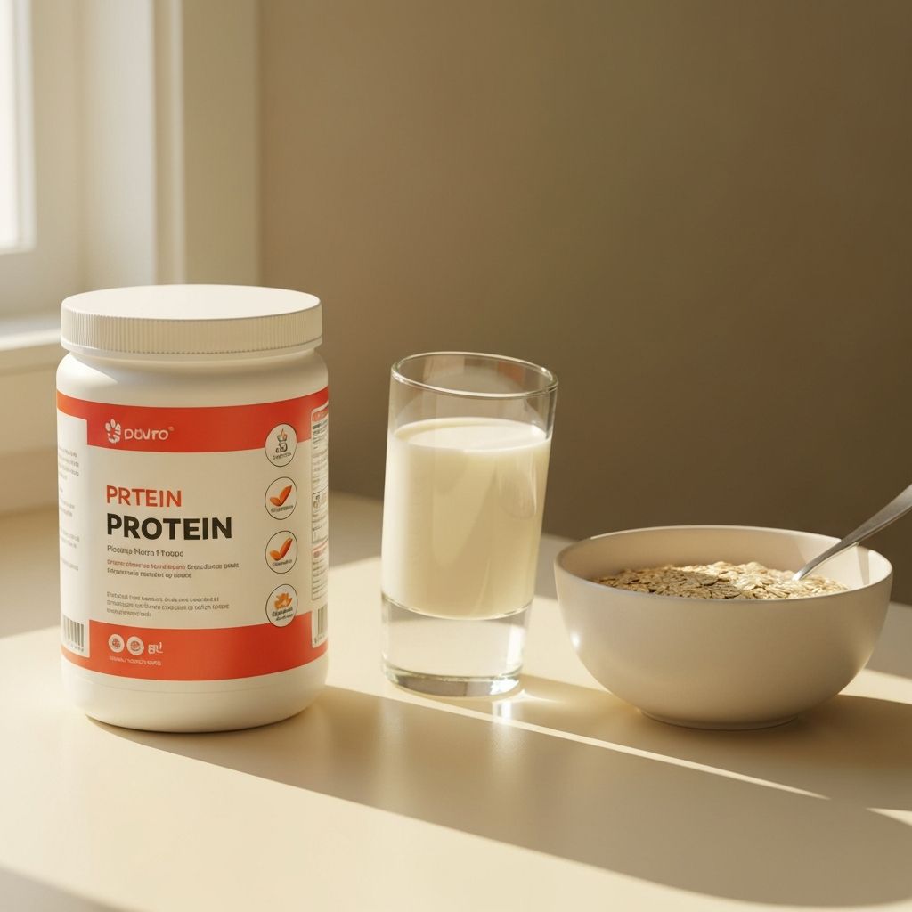 Proszek proteinowy w szklance z mlekiem